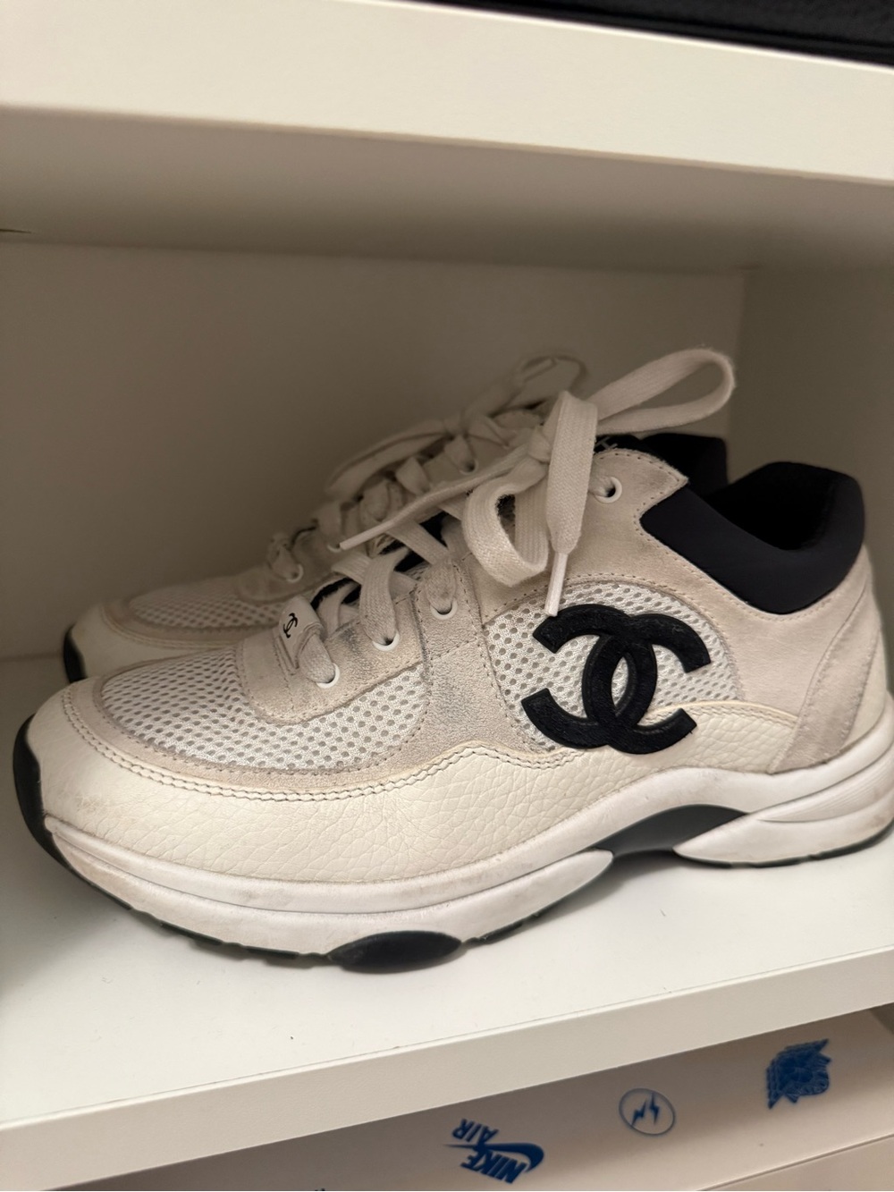 CHANEL White and Black CC Logo Athletic Sneakers Size 38.5